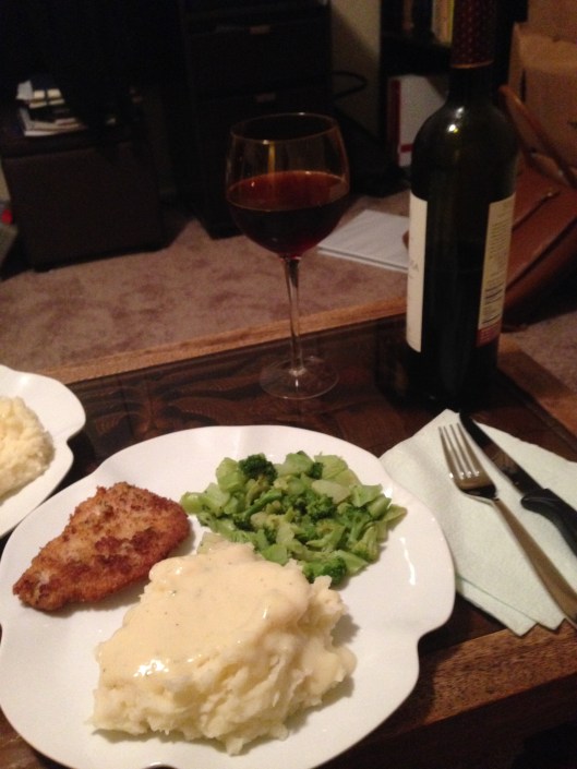 Pork Milanese, Sautéed Broccoli with Mashed Potatoes and Gravy. Shout out to my wine, Stella Rosso!