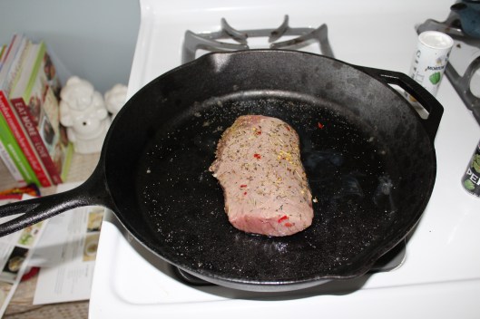 After the salad dressing prep I let it chill in the fridge and put the bad boy in the cast iron.